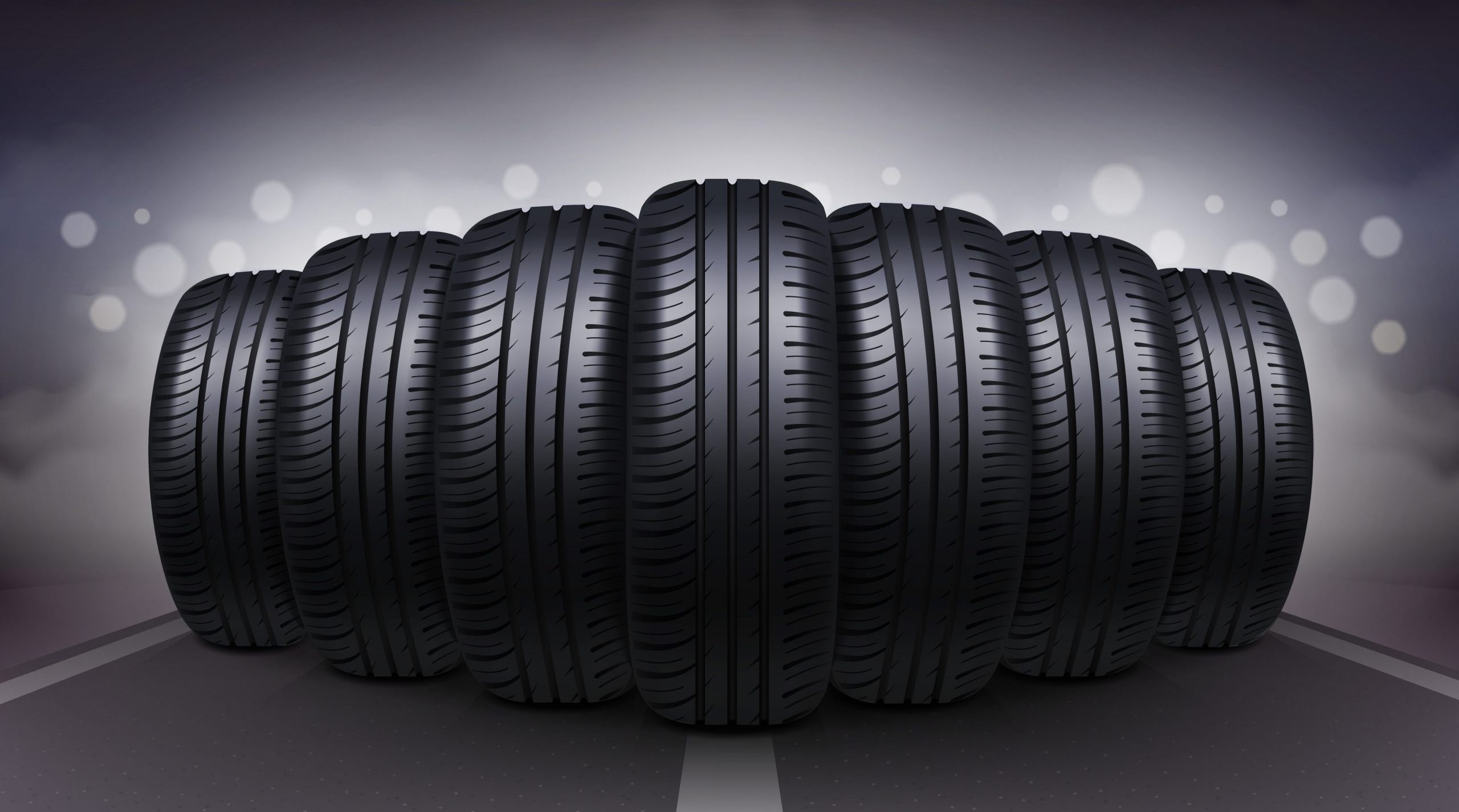 Night roadway realistic background with car tires having identical tread pattern vector illustration