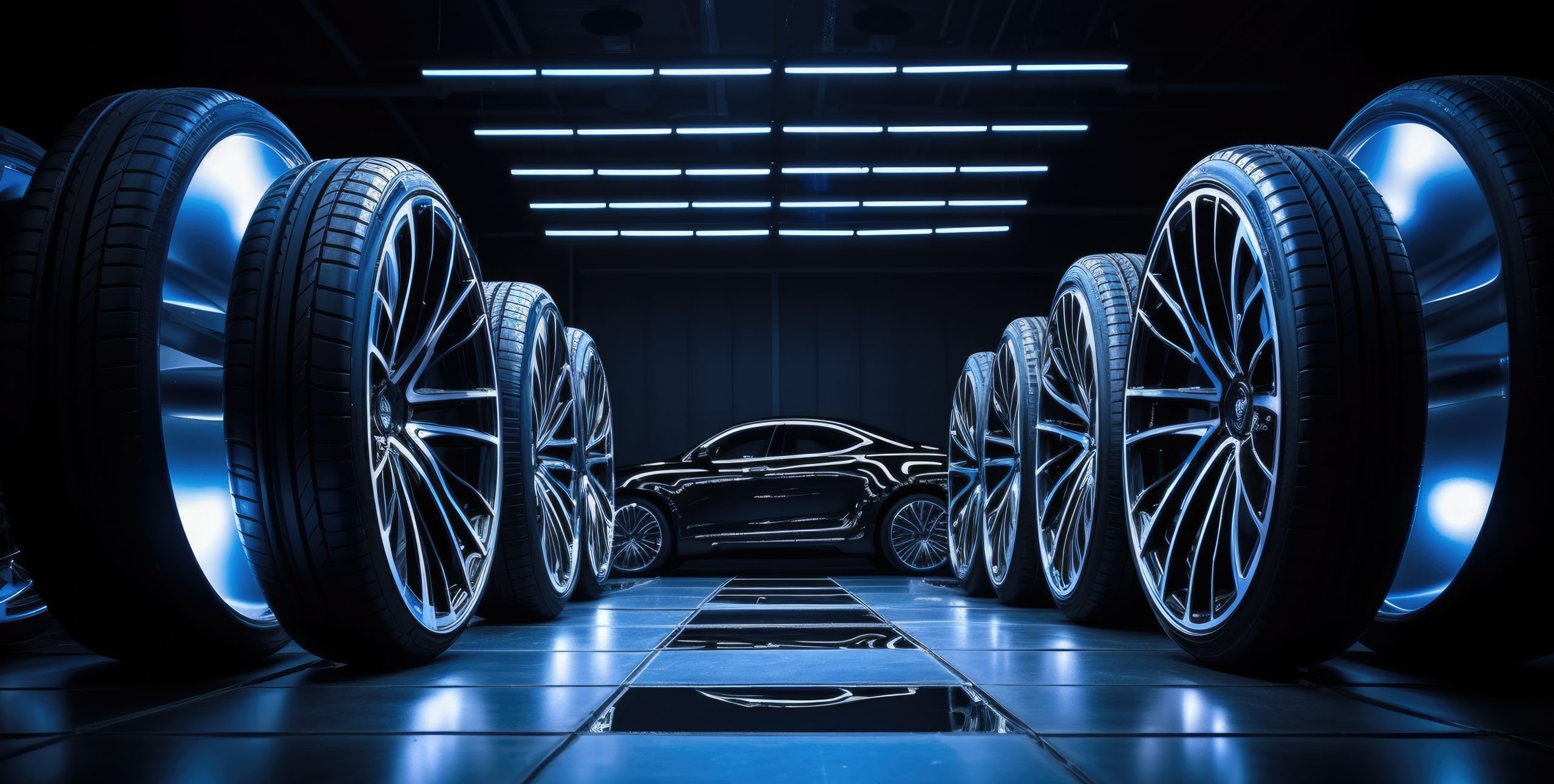 Alloy wheels, alloy wheels or alloy wheels, high performance car parts in car showrooms