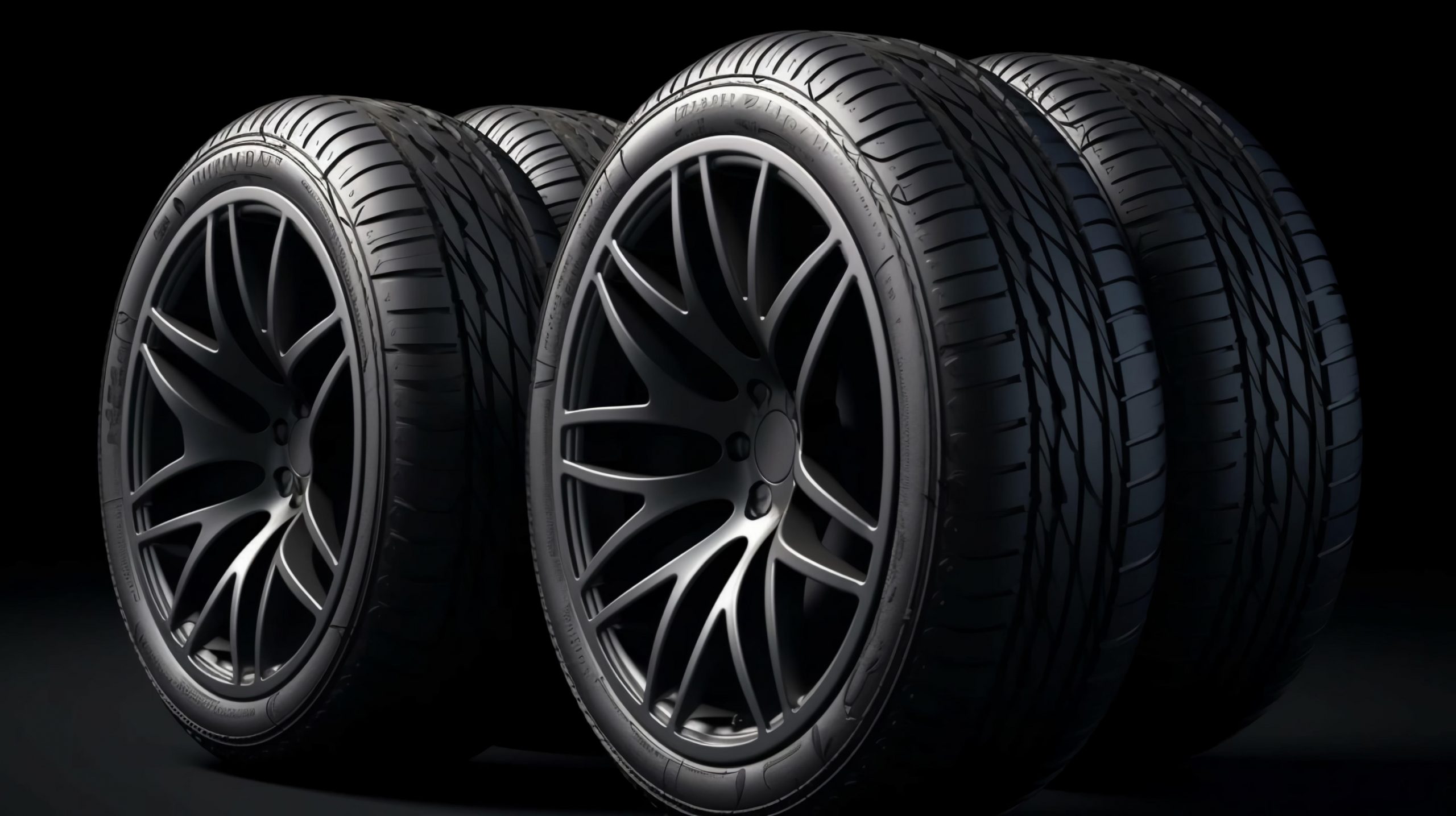 Black round car tires with rubber tread on alloy wheels on a black background. AI generated.